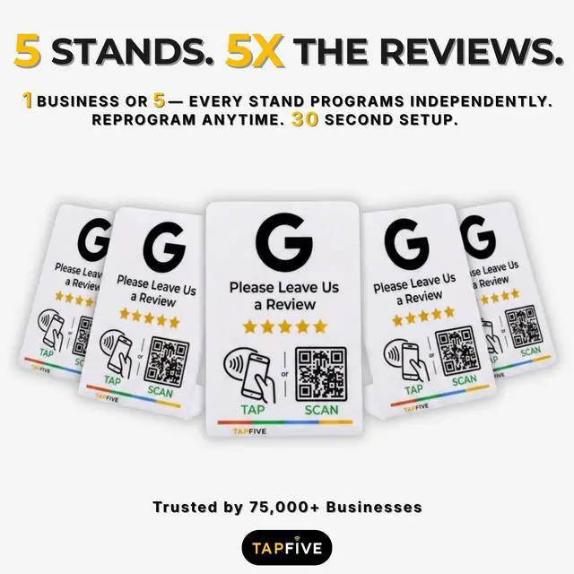 Alt view image 2 of 7 - Google Review Stand by NFC Tap & QR Code Sign for Restaurants, Salons, Retail & Multi-Location Businesses | Tap to Review | QR Code Stand | No Monthly Fees (White, 5 Stands)