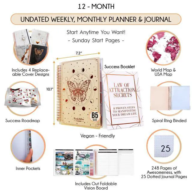 Alt view image 2 of 7 - Manifestation Journal Hourly, Weekly & Monthly Planner | 12-Month to Increase Productivity, Life Organizer & Goal Planner | Spiral Journal, Habit Tracker, Foldable Vision Board, Gift Box & Stickers