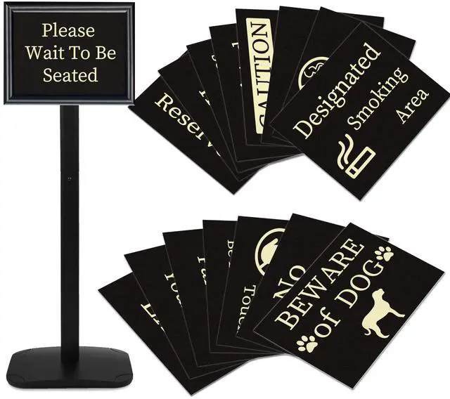 Main image of Please Wait To Be Seated Sign, 8.5 x 11 Inch Heavy Duty Sign Holder Stand with 16 Inserts, Floor Standing Poster Stand with Weighted Base for Indoor/Outdoor Signage&Advertising, Black