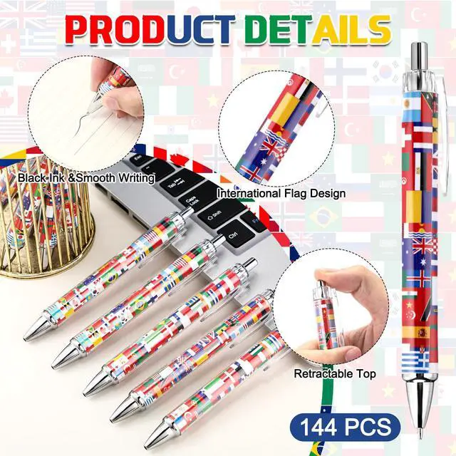 Alt view image 3 of 6 - 288 Pcs Soccer National Flag Pens 2026 World Party Favors International Retractable Pens Country Flag Rubber Bracelets for Football Souvenir Around The World Decorations Multicultural Theme