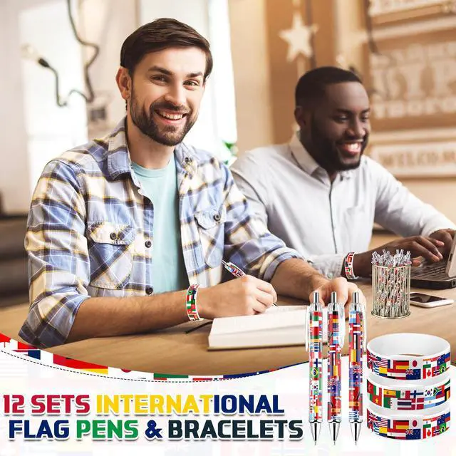 Alt view image 4 of 6 - 288 Pcs Soccer National Flag Pens 2026 World Party Favors International Retractable Pens Country Flag Rubber Bracelets for Football Souvenir Around The World Decorations Multicultural Theme