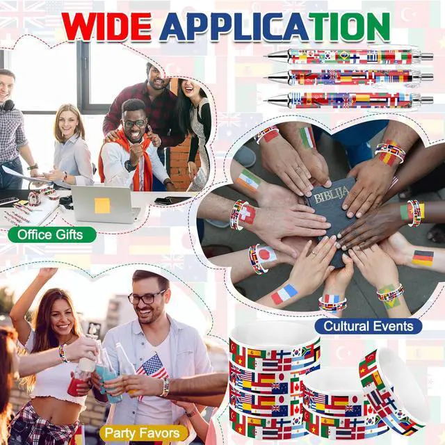 Alt view image 6 of 6 - 288 Pcs Soccer National Flag Pens 2026 World Party Favors International Retractable Pens Country Flag Rubber Bracelets for Football Souvenir Around The World Decorations Multicultural Theme