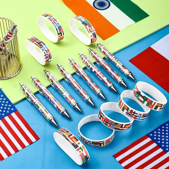 Alt view image 2 of 6 - 288 Pcs Soccer National Flag Pens 2026 World Party Favors International Retractable Pens Country Flag Rubber Bracelets for Football Souvenir Around The World Decorations Multicultural Theme