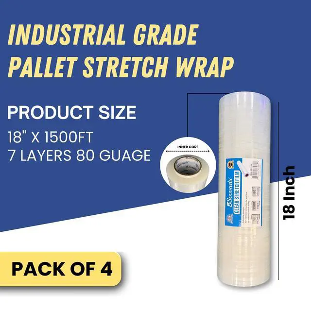 Alt view image 2 of 7 - 18" Stretch Film/Wrap 1500 feet 7 Layers 80 Gauge Industrial Strength up to 800% Stretch Ability 20 Microns Clear Durable Adhering Packing Moving Heavy Duty Shrink Film, Box of 4