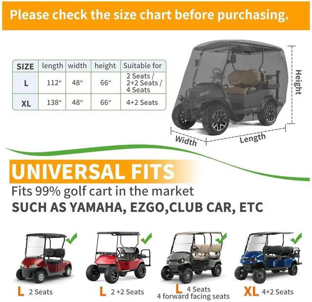 Alt view image 3 of 7 - Heavy Duty 650D Golf Cart Cover for 2/4/6 Passengers EZGO, Club Car and Yamaha, All Weather Outdoor Protection Weatherproof