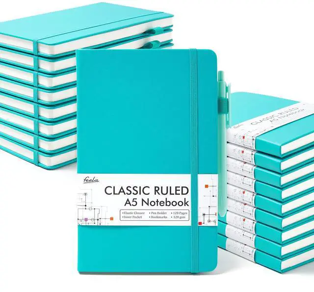 Main image of 18 Pack Journal Notebook for Work, Business Notebook Bulk Hardcover Lined Writing Journal with Pen Holder for Men Women Note Taking, with 18 Black Pens, 120 GSM, 5.1x8.3, A5, Emerald