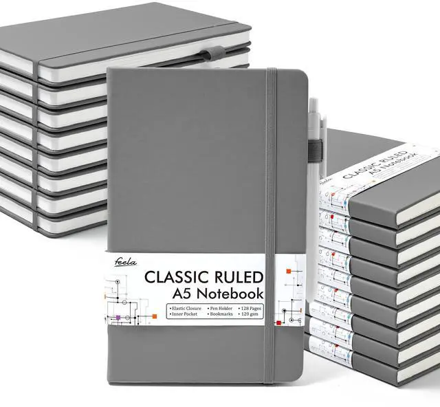 Main image of 18 Pack Journal Notebook for Work, Business Notebook Bulk Hardcover Lined Writing Journal with Pen Holder for Men Women Note Taking, with 18 Black Pens, 120 GSM, 5.1x8.3, A5, Gray