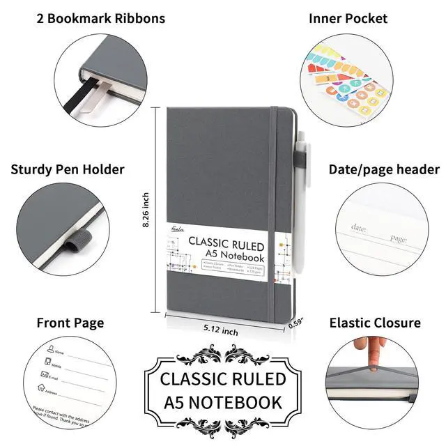 Alt view image 2 of 7 - 18 Pack Journal Notebook for Work, Business Notebook Bulk Hardcover Lined Writing Journal with Pen Holder for Men Women Note Taking, with 18 Black Pens, 120 GSM, 5.1x8.3, A5, Gray