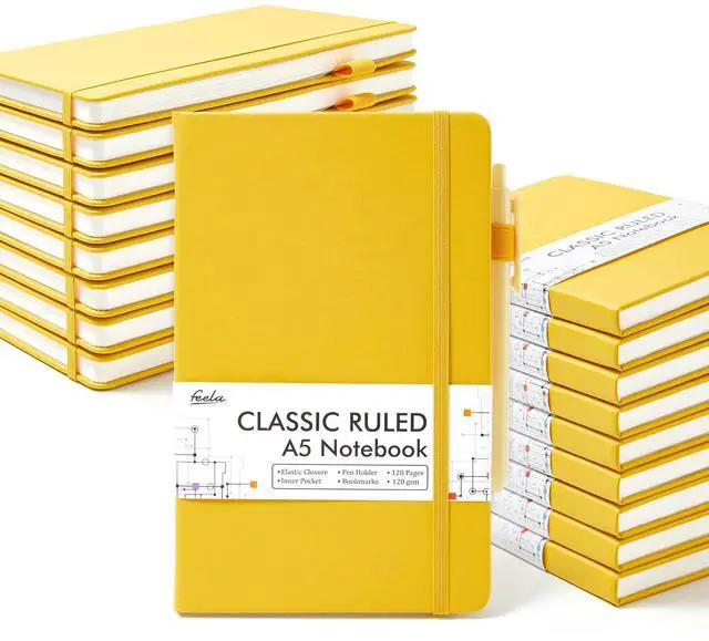 Main image of 18 Pack Journal Notebook for Work, Business Notebook Bulk Hardcover Lined Writing Journal with Pen Holder for Men Women Note Taking, with 18 Black Pens, 120 GSM, 5.1x8.3, A5, Yellow