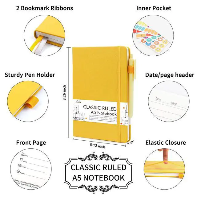 Alt view image 2 of 7 - 18 Pack Journal Notebook for Work, Business Notebook Bulk Hardcover Lined Writing Journal with Pen Holder for Men Women Note Taking, with 18 Black Pens, 120 GSM, 5.1x8.3, A5, Yellow