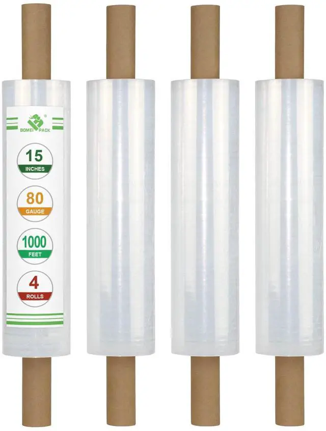 Main image of Stretch Film Wrap - Industrial Clear Plastic Stretch Wrap 1000 Feet 80 Gauge 4 Packs with Handle, Pallet Wrap for Packing, Moving Supplies, Packing Wrap Plastic Roll 15 Inches