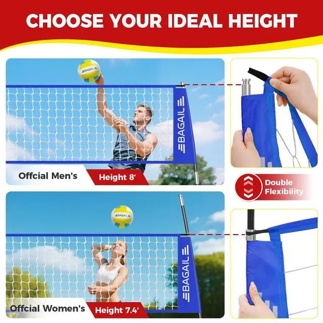 Alt view image 4 of 7 - Volleyball Net, 12ft/20ft Portable Volleyball Net for Backyard - Adjustable Height, Heavy-Duty Frame, Freestanding Design - Portable Outdoor/Indoor Volleyball Set with Carry Bag