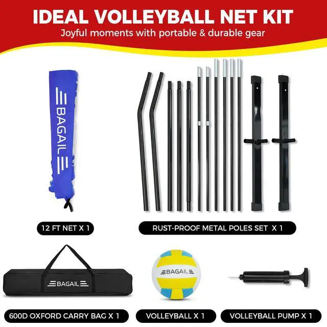Alt view image 7 of 7 - Volleyball Net, 12ft/20ft Portable Volleyball Net for Backyard - Adjustable Height, Heavy-Duty Frame, Freestanding Design - Portable Outdoor/Indoor Volleyball Set with Carry Bag