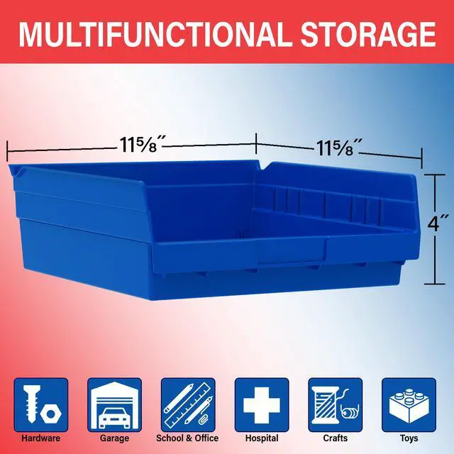 Alt view image 3 of 7 - 30170 Heavy Duty Plastic Shelf Bins, 12"x 11"x 4", Blue, 12-Pk | Heavy Duty Nesting Storage Bins for Garage, Closet, Refrigerator, Kitchen, Cabinet, Drawer Organization, Pantry Organization