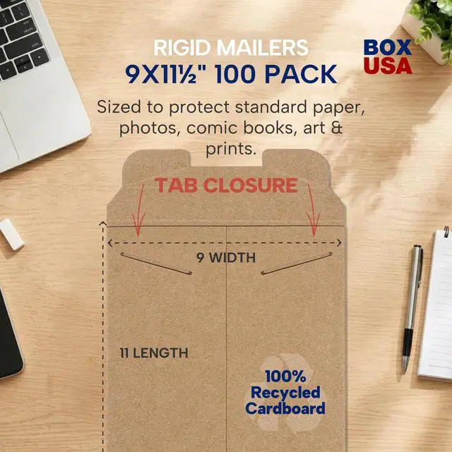 Alt view image 2 of 7 - Rigid Mailers 9" x 11" (100-Pack) - Kraft Mailer Envelopes for Photos, Certificates, Documents - Stay Flat