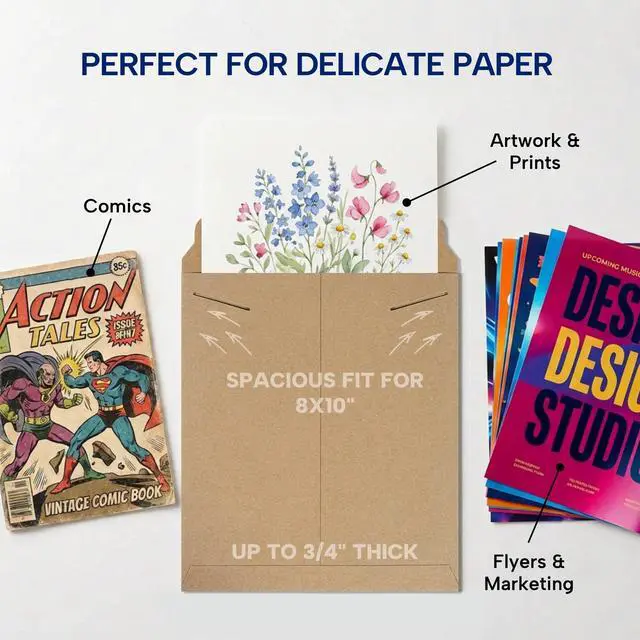 Alt view image 3 of 7 - Rigid Mailers 9" x 11" (100-Pack) - Kraft Mailer Envelopes for Photos, Certificates, Documents - Stay Flat