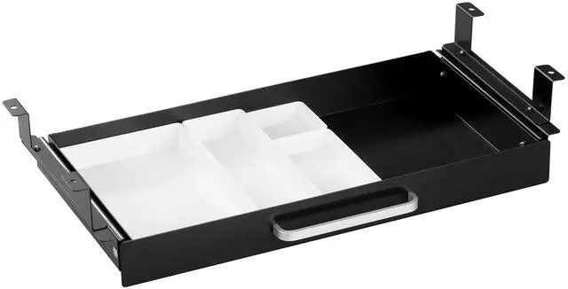 Main image of Under Desk Drawer Black 21" with 4 Divider Trays, Under Shelf Pencil Drawer Pull-out, Standing Desk Metal Storage Attachment Slide Out for Workbench