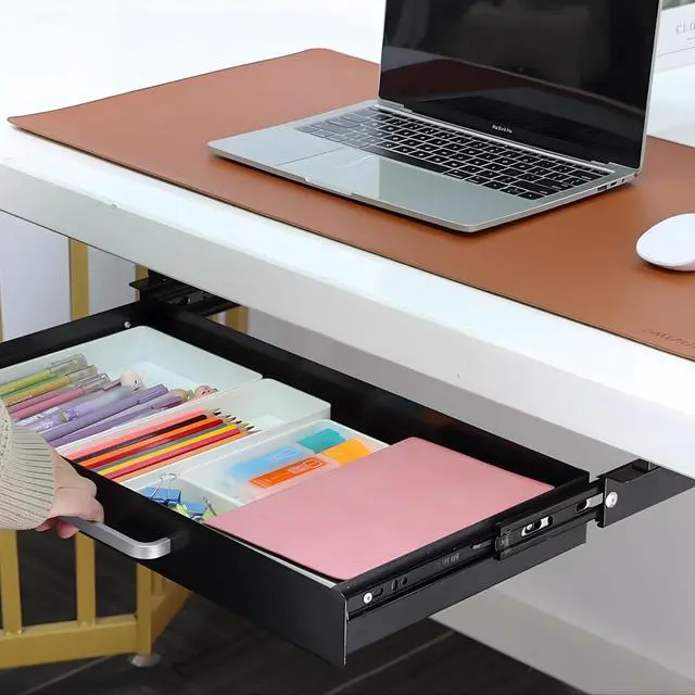 Alt view image 2 of 7 - Under Desk Drawer Black 21" with 4 Divider Trays, Under Shelf Pencil Drawer Pull-out, Standing Desk Metal Storage Attachment Slide Out for Workbench