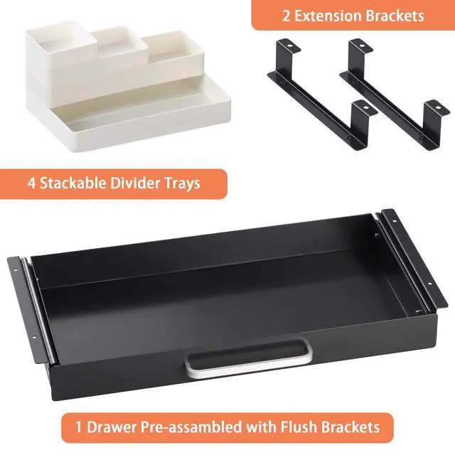 Alt view image 3 of 7 - Under Desk Drawer Black 21" with 4 Divider Trays, Under Shelf Pencil Drawer Pull-out, Standing Desk Metal Storage Attachment Slide Out for Workbench