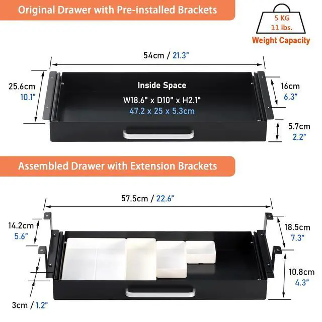 Alt view image 4 of 7 - Under Desk Drawer Black 21" with 4 Divider Trays, Under Shelf Pencil Drawer Pull-out, Standing Desk Metal Storage Attachment Slide Out for Workbench