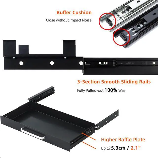 Alt view image 6 of 7 - Under Desk Drawer Black 21" with 4 Divider Trays, Under Shelf Pencil Drawer Pull-out, Standing Desk Metal Storage Attachment Slide Out for Workbench