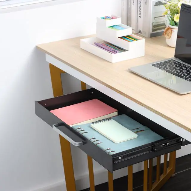 Alt view image 7 of 7 - Under Desk Drawer Black 21" with 4 Divider Trays, Under Shelf Pencil Drawer Pull-out, Standing Desk Metal Storage Attachment Slide Out for Workbench