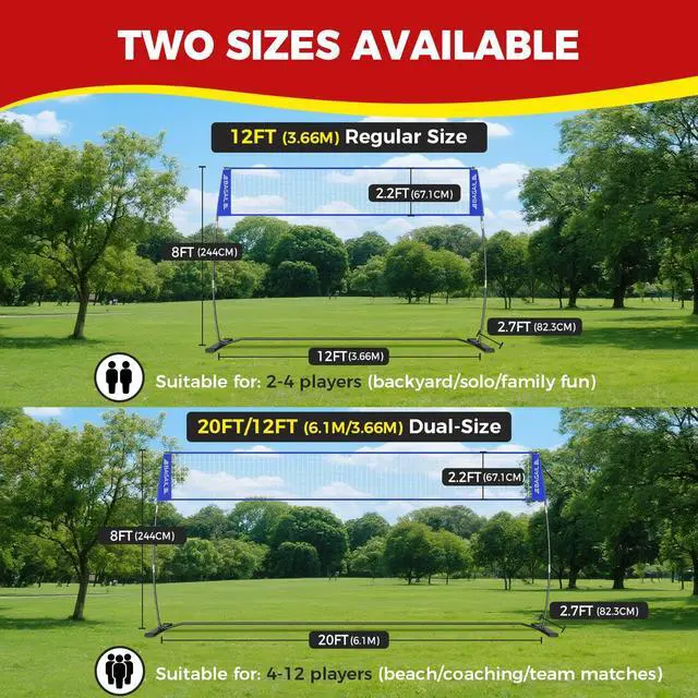Alt view image 5 of 7 - Volleyball Net, 12ft/20ft Portable Volleyball Net for Backyard - Adjustable Height, Heavy-Duty Frame, Freestanding Design - Portable Outdoor/Indoor Volleyball Set with Carry Bag