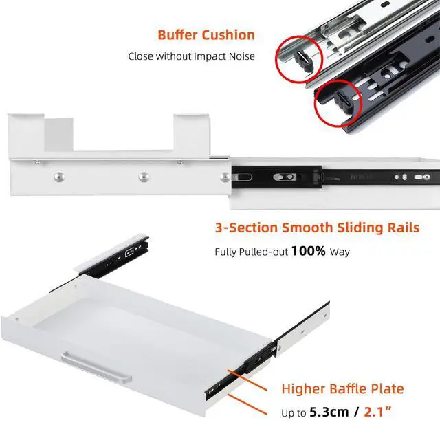 Alt view image 6 of 7 - Under Desk Drawer White 21" with 4 Divider Trays, Under Shelf Pencil Drawer Pull-out, Standing Desk Metal Storage Attachment Slide Out for Workbench