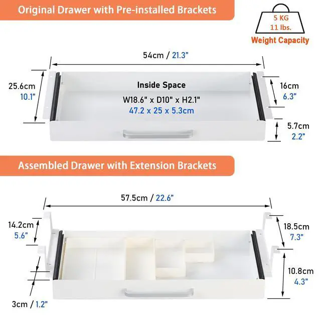 Alt view image 5 of 7 - Under Desk Drawer White 21" with 4 Divider Trays, Under Shelf Pencil Drawer Pull-out, Standing Desk Metal Storage Attachment Slide Out for Workbench