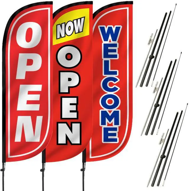 Main image of Feather Flag Pole Kit 3-Pack Bundle - 7ft Tall Grand Opening Advertising Banners with Poles and Ground Spikes - Open Red/White, Now Open Red/Yellow, Welcome Red/Blue