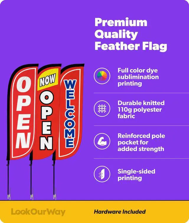Alt view image 2 of 7 - Feather Flag Pole Kit 3-Pack Bundle - 7ft Tall Grand Opening Advertising Banners with Poles and Ground Spikes - Open Red/White, Now Open Red/Yellow, Welcome Red/Blue