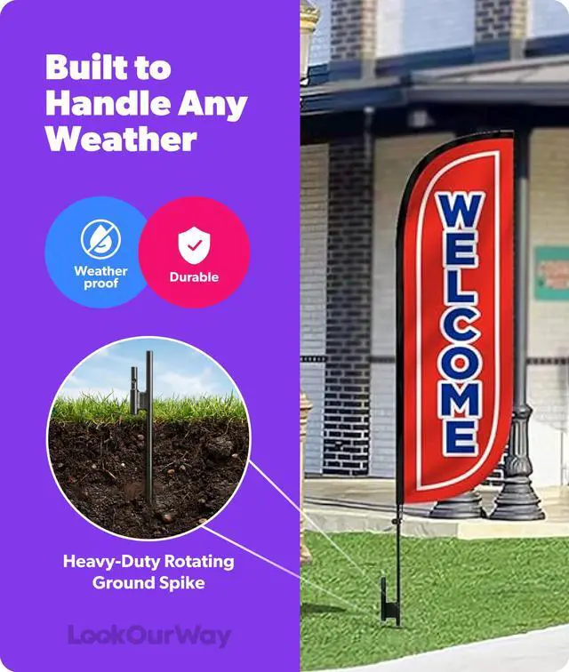 Alt view image 5 of 7 - Feather Flag Pole Kit 3-Pack Bundle - 7ft Tall Grand Opening Advertising Banners with Poles and Ground Spikes - Open Red/White, Now Open Red/Yellow, Welcome Red/Blue
