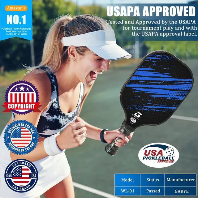 Alt view image 2 of 6 - Pickleball Paddles Set of 4, Carbon Fiber Pickle Ball Paddle, USAPA Approved Lightweight Rackets 4 Pack for Adults and Teenagers, Includes 6 Balls, 1 Bag, and 4 Grip Tapes