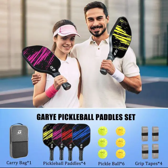 Alt view image 6 of 6 - Pickleball Paddles Set of 4, Carbon Fiber Pickle Ball Paddle, USAPA Approved Lightweight Rackets 4 Pack for Adults and Teenagers, Includes 6 Balls, 1 Bag, and 4 Grip Tapes