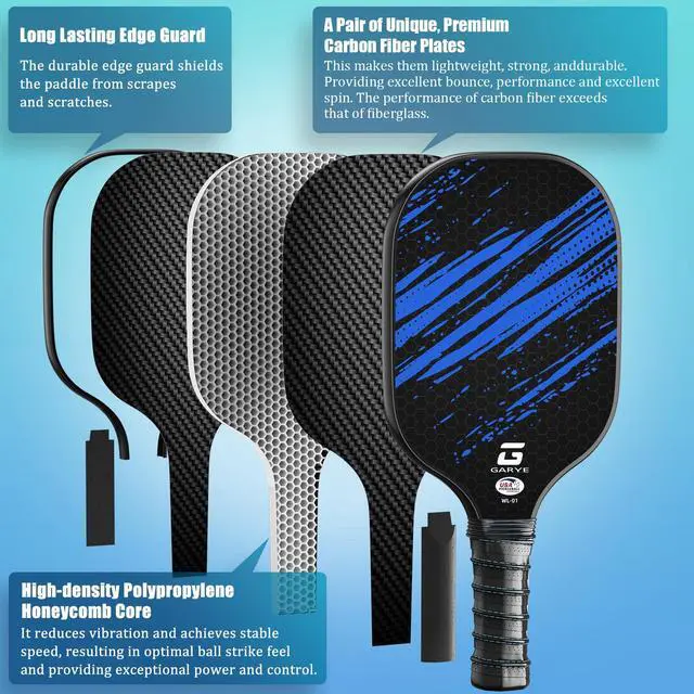 Alt view image 3 of 6 - Pickleball Paddles Set of 4, Carbon Fiber Pickle Ball Paddle, USAPA Approved Lightweight Rackets 4 Pack for Adults and Teenagers, Includes 6 Balls, 1 Bag, and 4 Grip Tapes