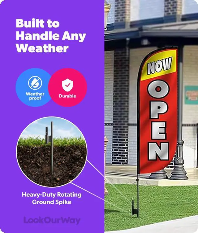 Alt view image 5 of 7 - Feather Flag Pole Kit 3-Pack Bundle - 7ft Tall Grand Opening Advertising Banners with Poles and Ground Spikes - Now Open Red & Yellow