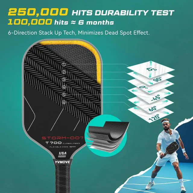 Alt view image 3 of 7 - USAPA Approved 6-Layer Construction T700 Carbon Fiber Pickleball Paddle, 16mm Thermoformed Pickleball Racket with High Spin & Extended Grip, Professional Pickleball Paddle for Control and Power