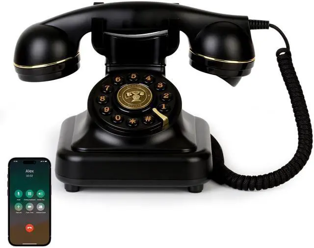 Main image of Vintage Bluetooth Phone, Retro Desk Telephone with Gold Accents, Loud Nostalgic Ringtones, Bluetooth Connects to Smartphone for Home & Office, Black