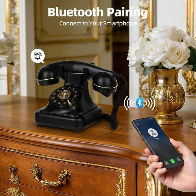 Alt view image 3 of 7 - Vintage Bluetooth Phone, Retro Desk Telephone with Gold Accents, Loud Nostalgic Ringtones, Bluetooth Connects to Smartphone for Home & Office, Black