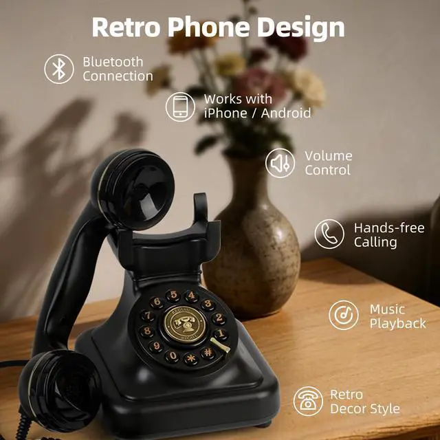 Alt view image 2 of 7 - Vintage Bluetooth Phone, Retro Desk Telephone with Gold Accents, Loud Nostalgic Ringtones, Bluetooth Connects to Smartphone for Home & Office, Black