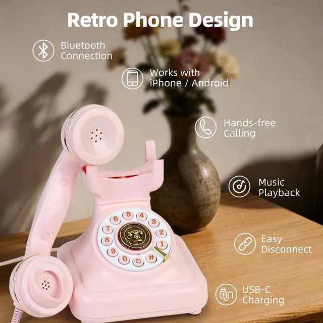 Alt view image 2 of 7 - Vintage Bluetooth Phone, Retro Desk Telephone with Gold Accents, Loud Nostalgic Ringtones, Bluetooth Connects to Smartphone for Home & Office, Pink