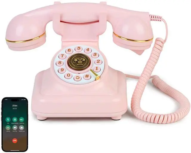Main image of Vintage Bluetooth Phone, Retro Desk Telephone with Gold Accents, Loud Nostalgic Ringtones, Bluetooth Connects to Smartphone for Home & Office, Pink