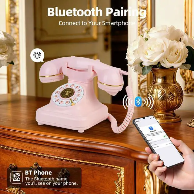 Alt view image 3 of 7 - Vintage Bluetooth Phone, Retro Desk Telephone with Gold Accents, Loud Nostalgic Ringtones, Bluetooth Connects to Smartphone for Home & Office, Pink