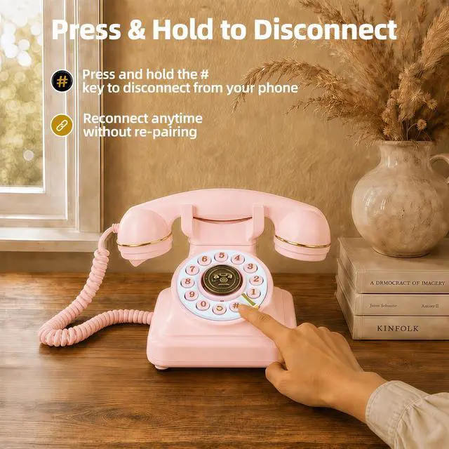 Alt view image 4 of 7 - Vintage Bluetooth Phone, Retro Desk Telephone with Gold Accents, Loud Nostalgic Ringtones, Bluetooth Connects to Smartphone for Home & Office, Pink