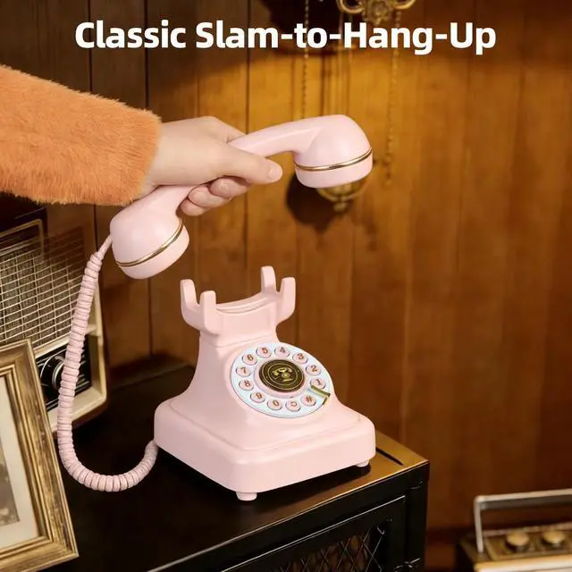 Alt view image 6 of 7 - Vintage Bluetooth Phone, Retro Desk Telephone with Gold Accents, Loud Nostalgic Ringtones, Bluetooth Connects to Smartphone for Home & Office, Pink