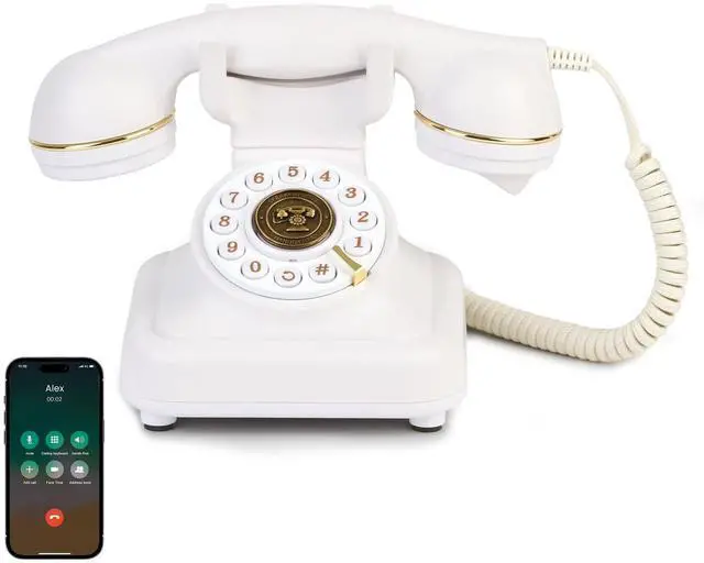 Main image of Vintage Bluetooth Phone, Retro Desk Telephone with Gold Accents, Loud Nostalgic Ringtones, Bluetooth Connects to Smartphone for Home & Office, White