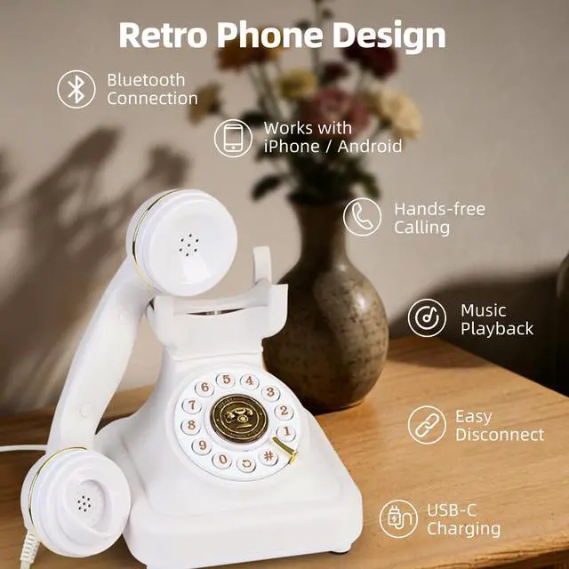 Alt view image 2 of 7 - Vintage Bluetooth Phone, Retro Desk Telephone with Gold Accents, Loud Nostalgic Ringtones, Bluetooth Connects to Smartphone for Home & Office, White