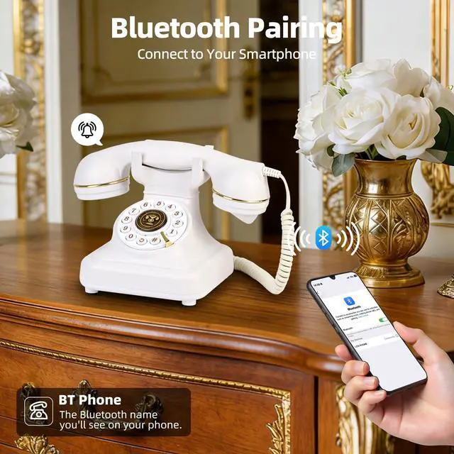 Alt view image 3 of 7 - Vintage Bluetooth Phone, Retro Desk Telephone with Gold Accents, Loud Nostalgic Ringtones, Bluetooth Connects to Smartphone for Home & Office, White
