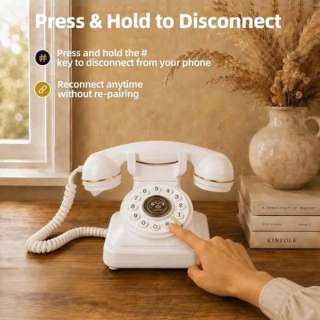 Alt view image 4 of 7 - Vintage Bluetooth Phone, Retro Desk Telephone with Gold Accents, Loud Nostalgic Ringtones, Bluetooth Connects to Smartphone for Home & Office, White