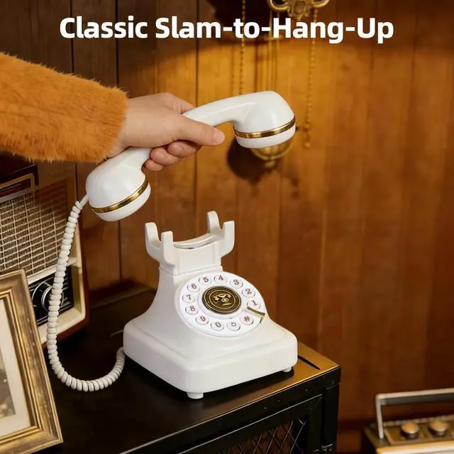 Alt view image 6 of 7 - Vintage Bluetooth Phone, Retro Desk Telephone with Gold Accents, Loud Nostalgic Ringtones, Bluetooth Connects to Smartphone for Home & Office, White